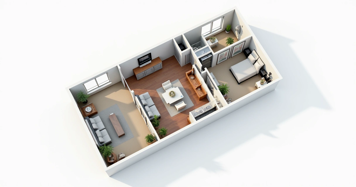 Planta baixa de casa pequena e moderna com ambientes integrados. 