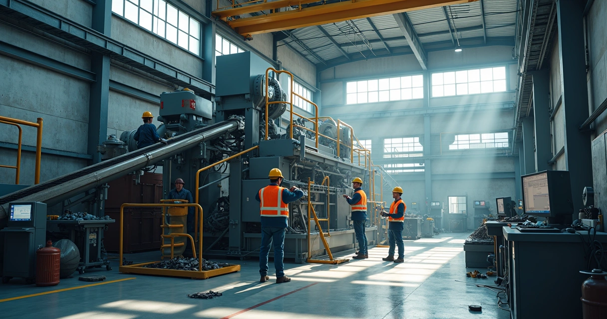Equipe faz manutenção em máquina industrial de celulose 