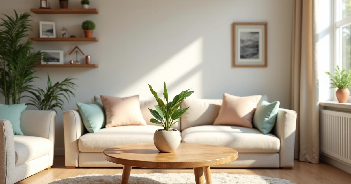 Planta decorativa sobre mesa em sala de estar com paredes claras 