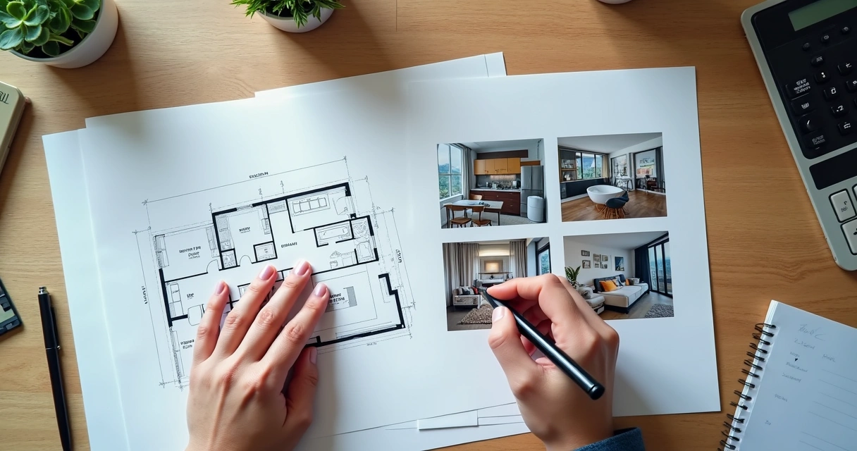 Planta baixa ao lado de fotos impressas de um apartamento em análise 