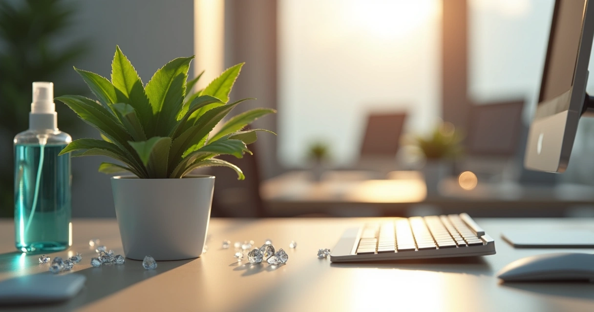 Vaso de planta pequena em mesa de escritório 