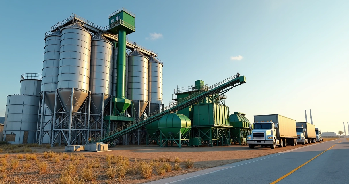 Estrutura industrial de esmagamento de soja com silos, caminhões e equipamentos modernos 