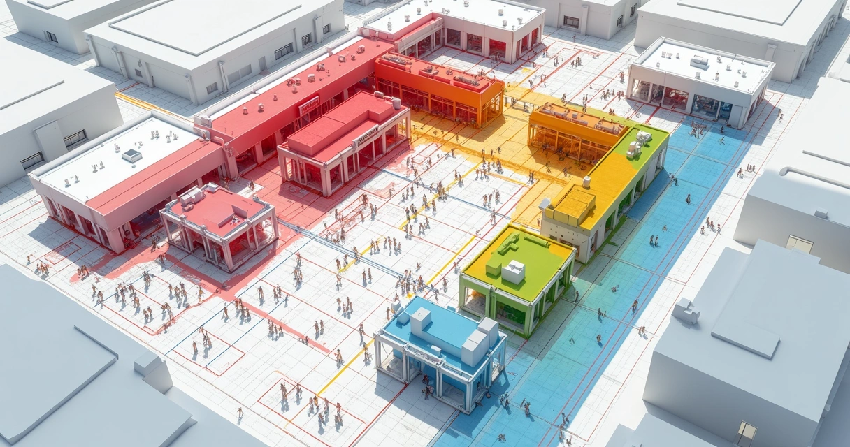 Planta de evento traçando áreas de valor e pontos de circulação de visitantes 