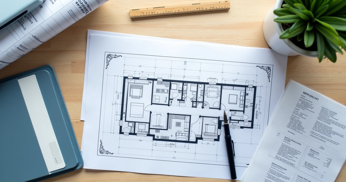 Planta de imóvel com documentos de usucapião sobre a mesa