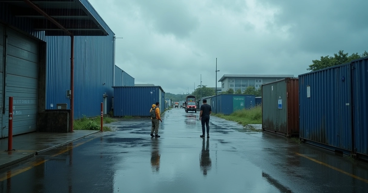 Fachada de empresa com chuva forte e plano de contingência 