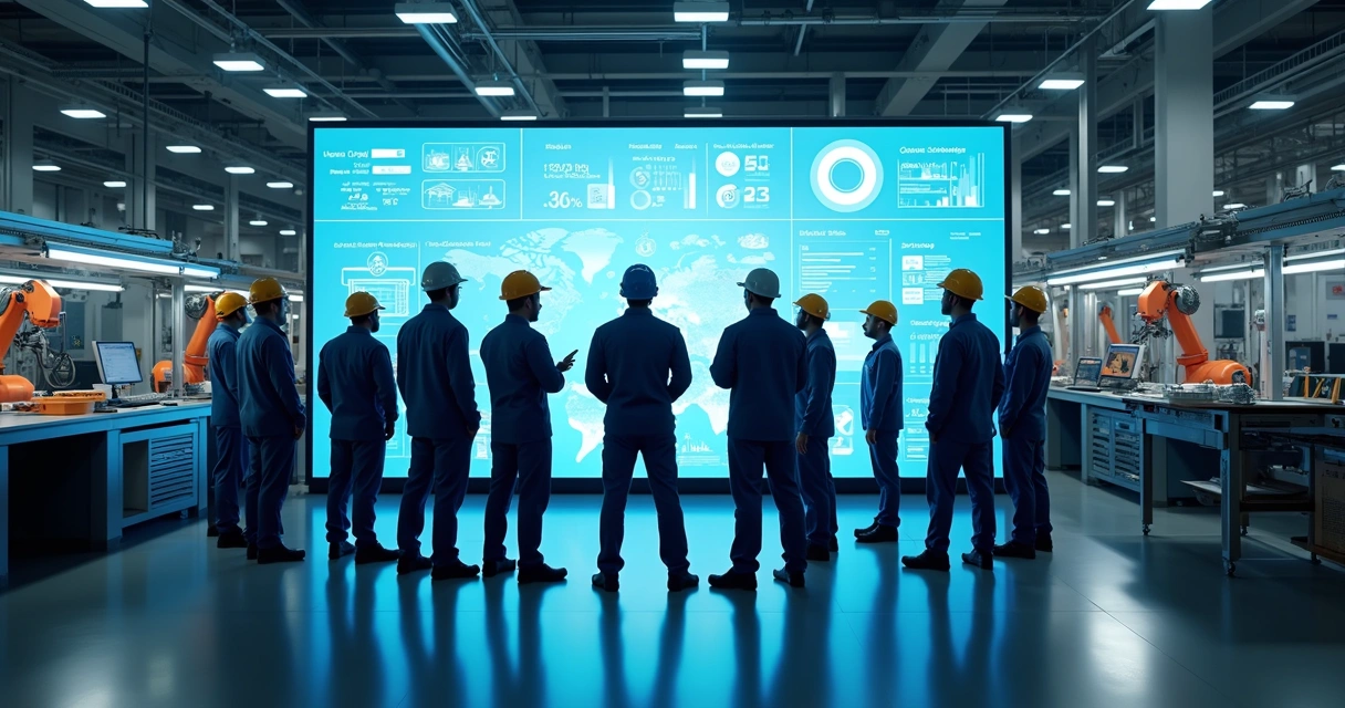 Equipe em fábrica analisando dashboard digital na parede 