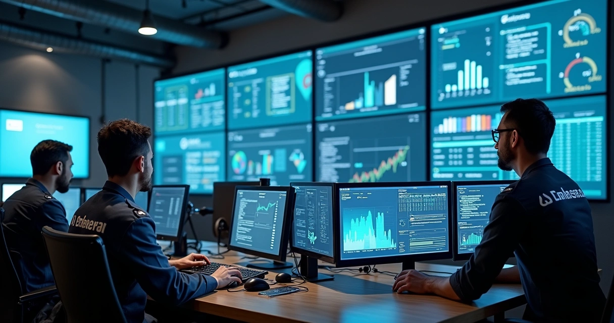 Sala de controle industrial moderna com painéis digitais, operadores monitorando indicadores de disponibilidade em telas 