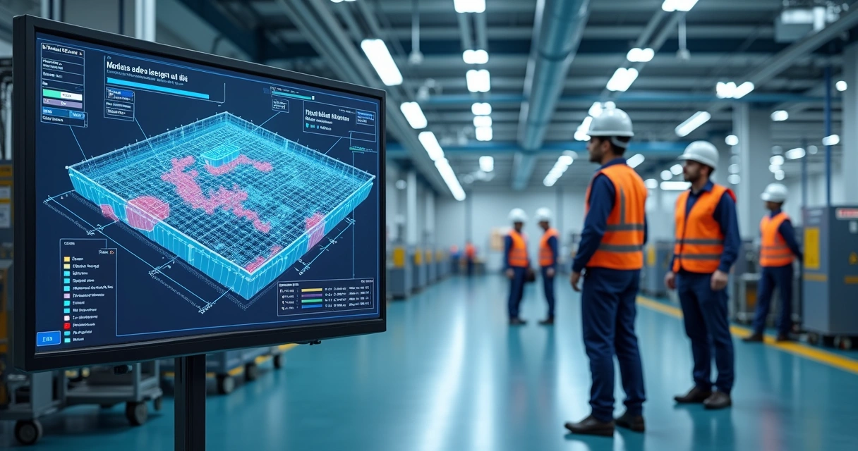 Equipe técnica sendo monitorada digitalmente em uma planta industrial. 