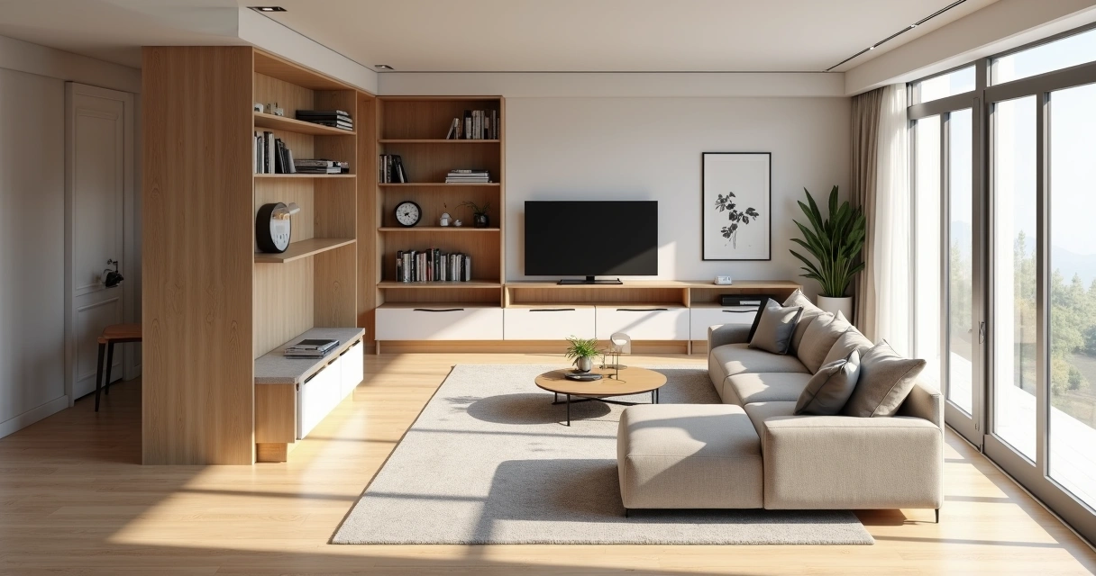 Vista superior de apartamento integrado com móveis planejados em planta aberta 