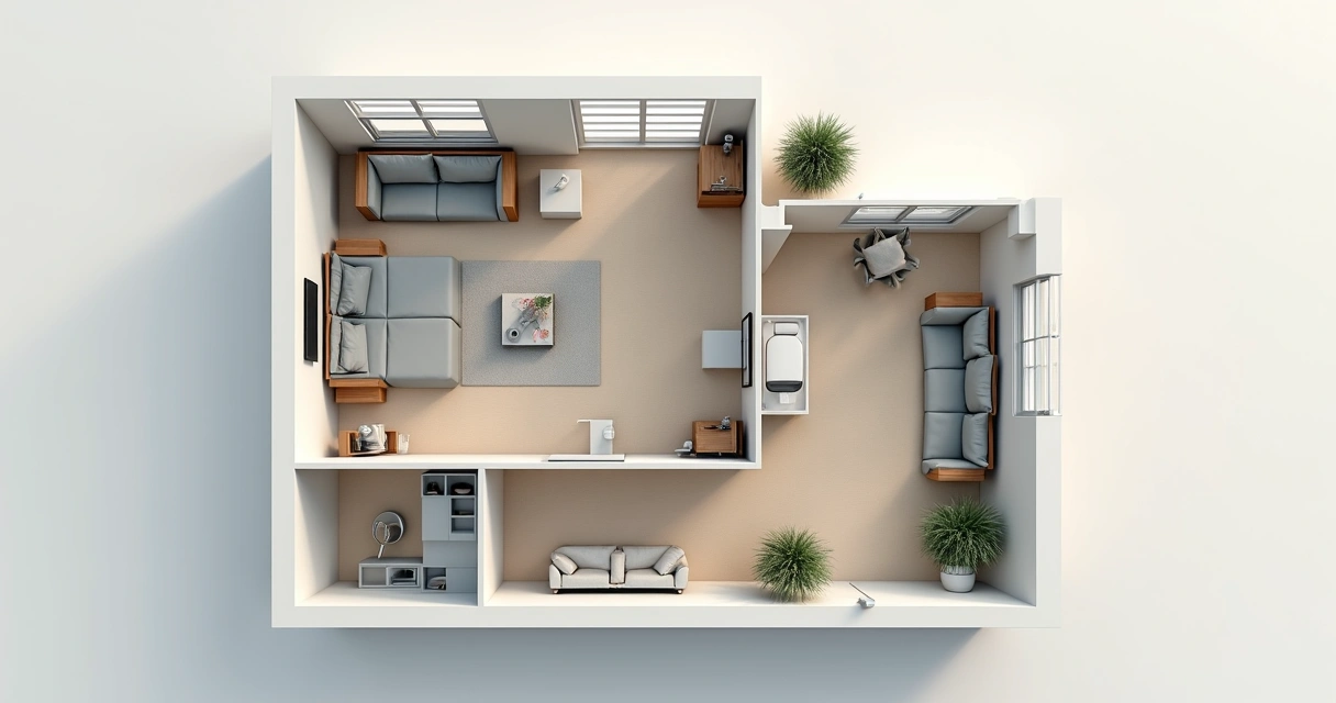 Planta baixa funcional de kitnet compacta, com sala, cozinha e banheiro separados