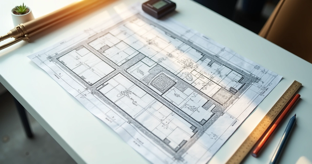 Planta de memorial descritivo e instrumentos de desenho em mesa de escritório 