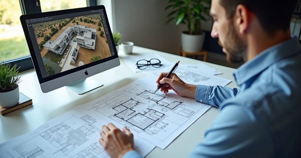 Engenheiro com planta aberta sobre uma mesa de escritório 