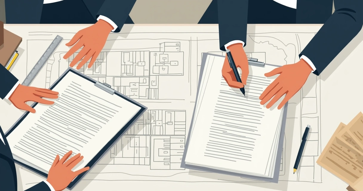 Desenho técnico de planta baixa com memorial descritivo anexo em mesa de escritório 