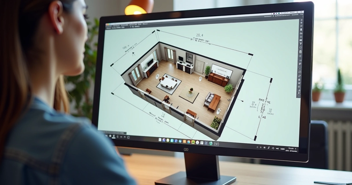 Visualização digital de planta baixa em software com simulação de móveis. 