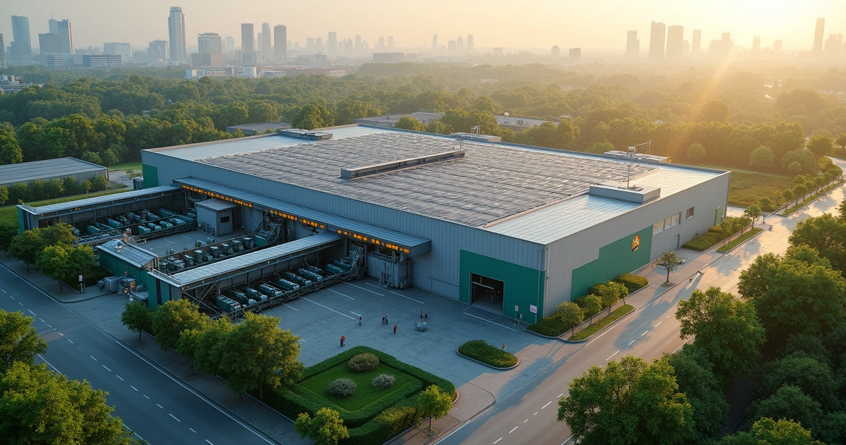 Planta de tecnologia avançada para tratamento de resíduos sólidos urbanos com painéis solares e automação 