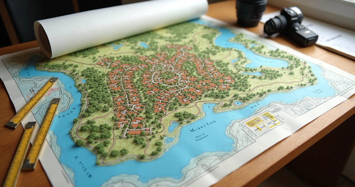 Planta topográfica colorida com curvas de nível e edificações 