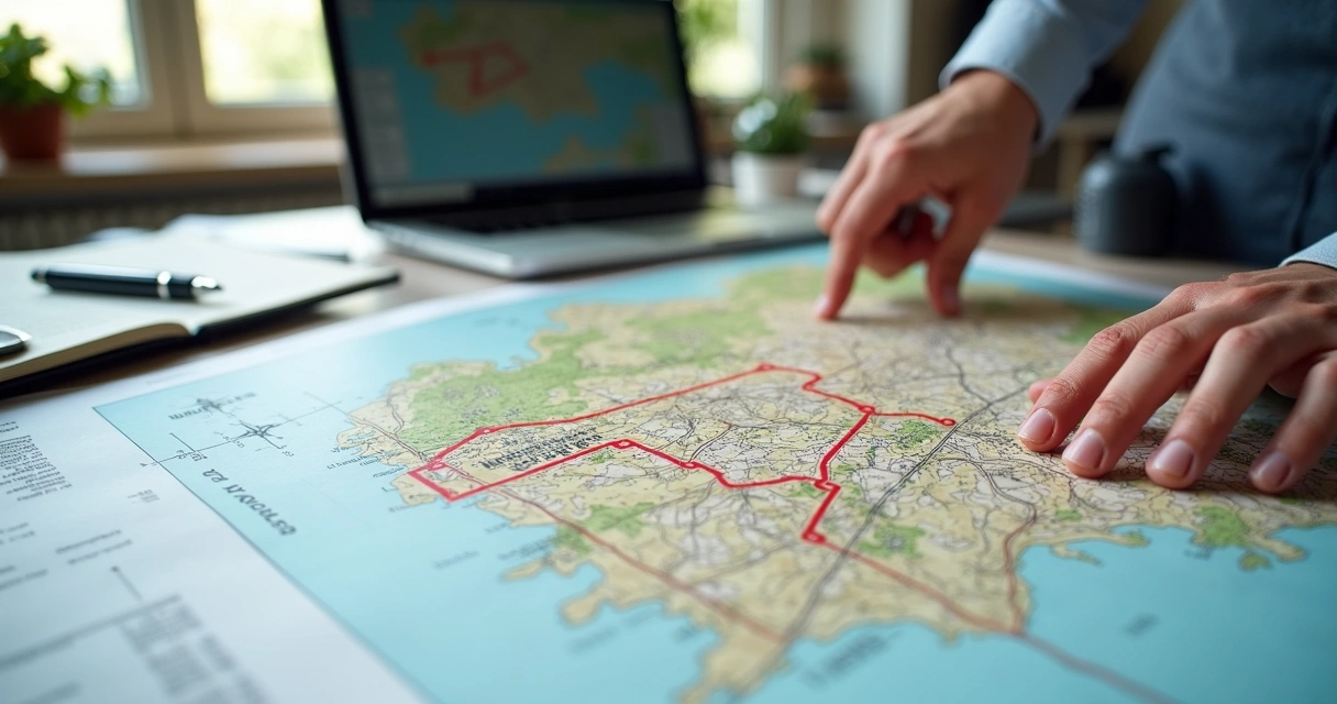 Detalhe de uma planta topográfica colorida, com poligonal marcada 