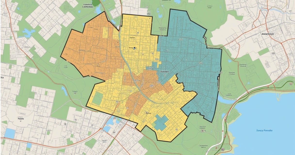 Planta colorida destacando diferentes zonas urbanas em Campinas 