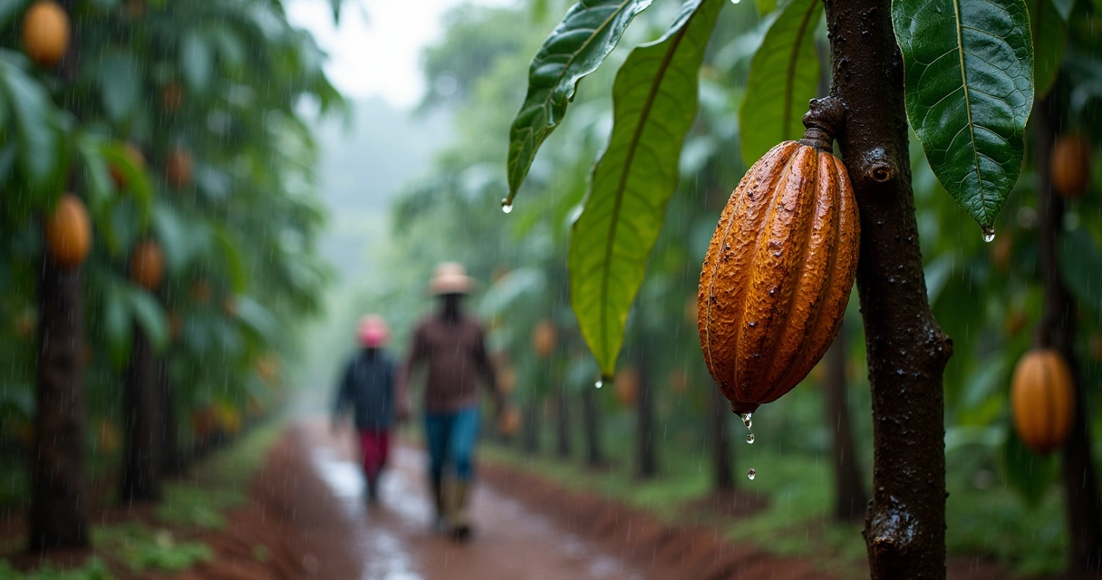 Cacauiras durante chuva em fazenda na África Ocidental 
