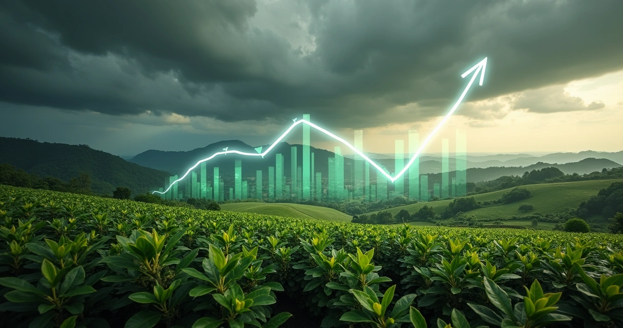 Plantação de café ao fundo com nuvens de tempestade e gráfico de preços flutuando