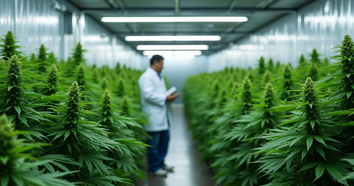 Plantação de Cannabis sativa em estufa moderna, com folhas verde-escuras e iluminação controlada. 