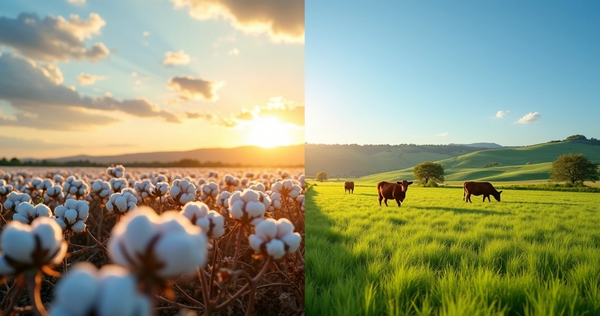 Campo de algodão à esquerda e pastagem de boi gordo à direita 