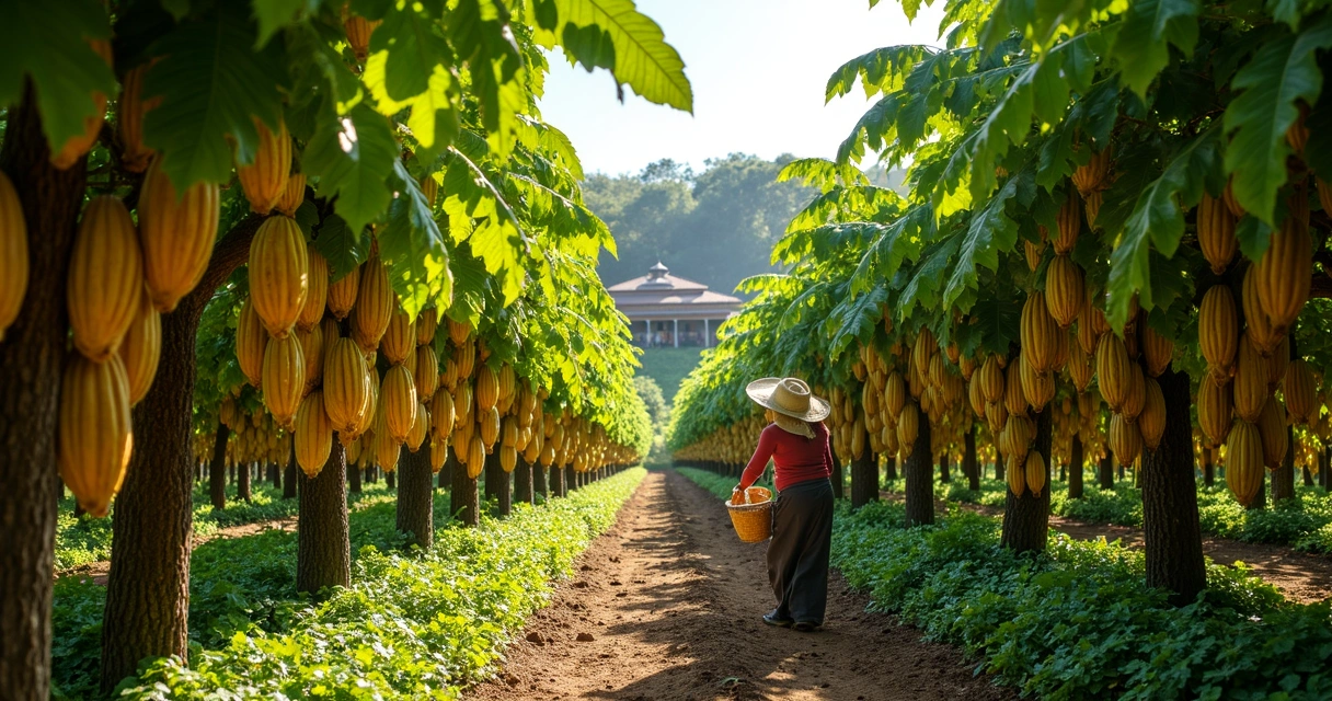 Plantação de cacau com frutos amarelos em galho 