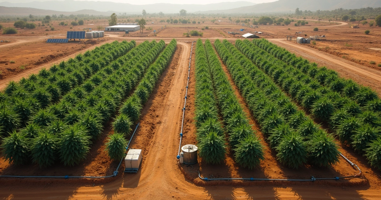 Plantação de maconha e painéis solares no campo 