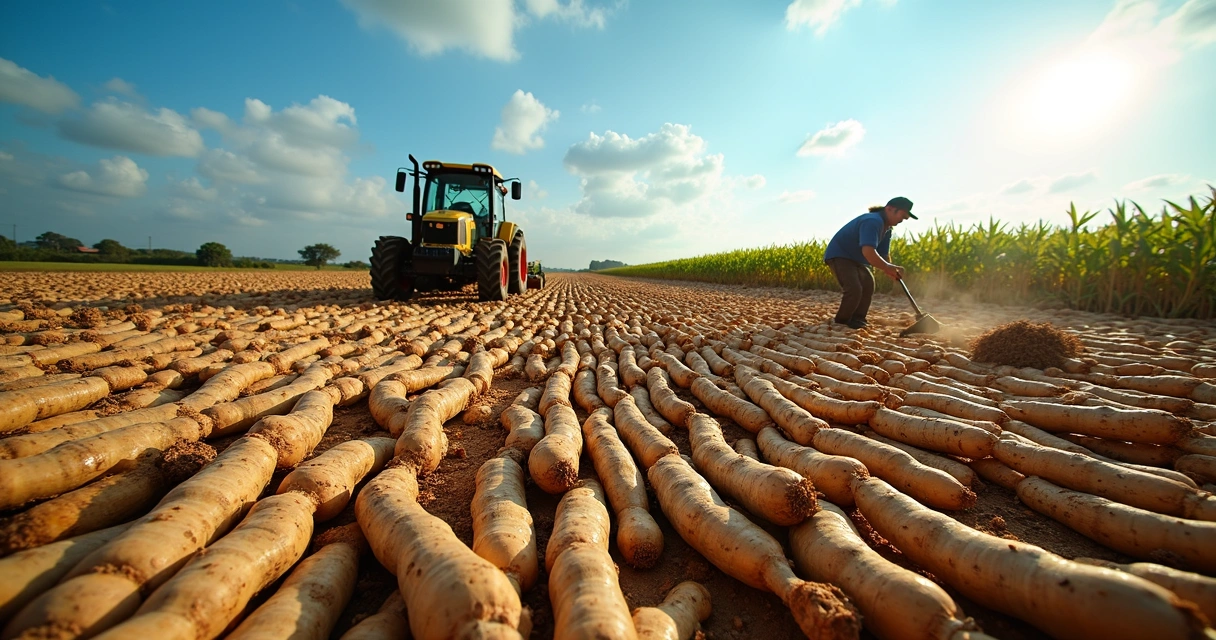Plantação de mandioca sendo colhida no Paraná