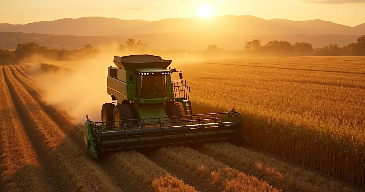 Trator colhendo milho em uma plantação ao entardecer 