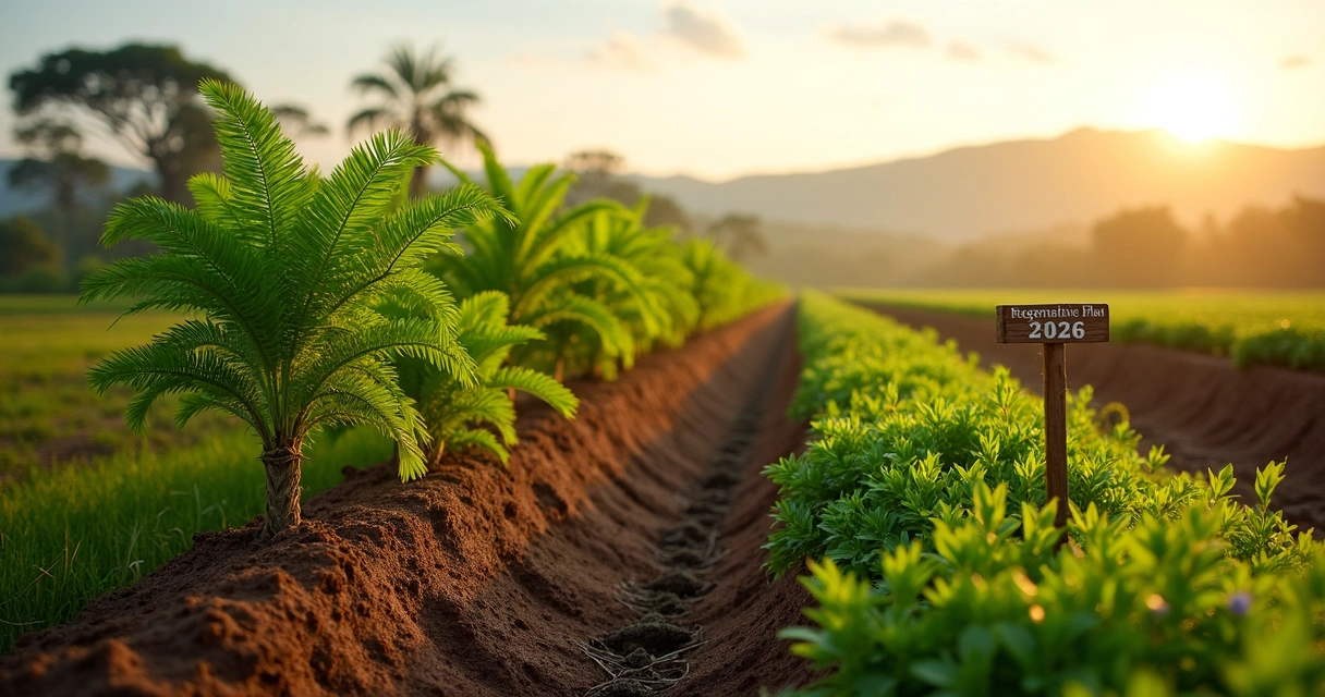Plantação diversificada com moringas e práticas de agricultura regenerativa ao amanhecer 