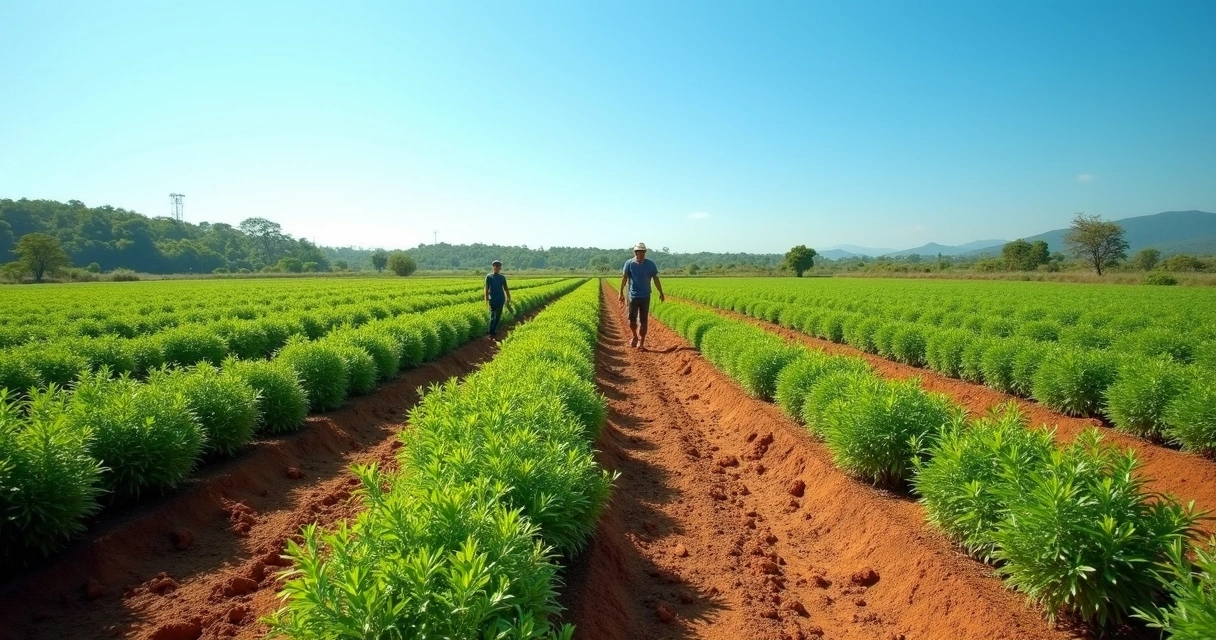 Plantação de moringa crescendo em solo seco com céu azul. 
