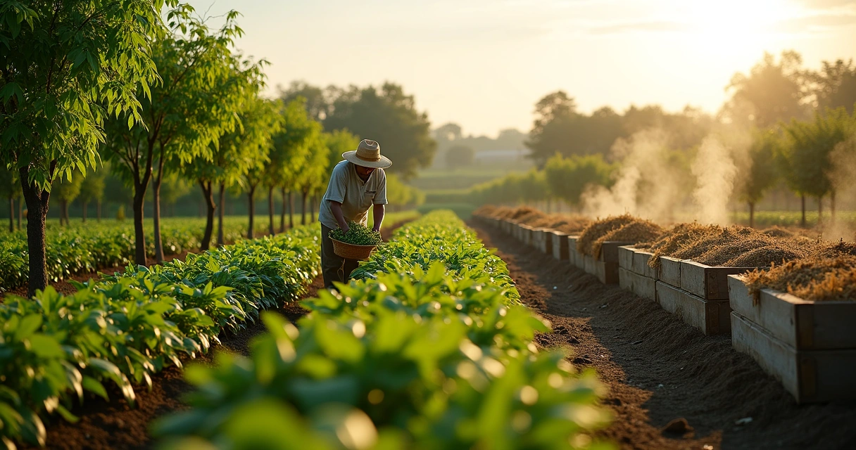 Plantação de moringa com colheita de folhas e composteira ao fundo 