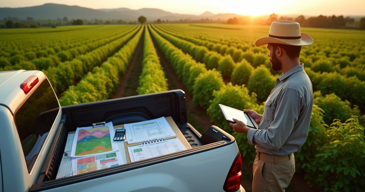 Agricultor analisando plantação de moringa com mapa e gráficos de rendimento 