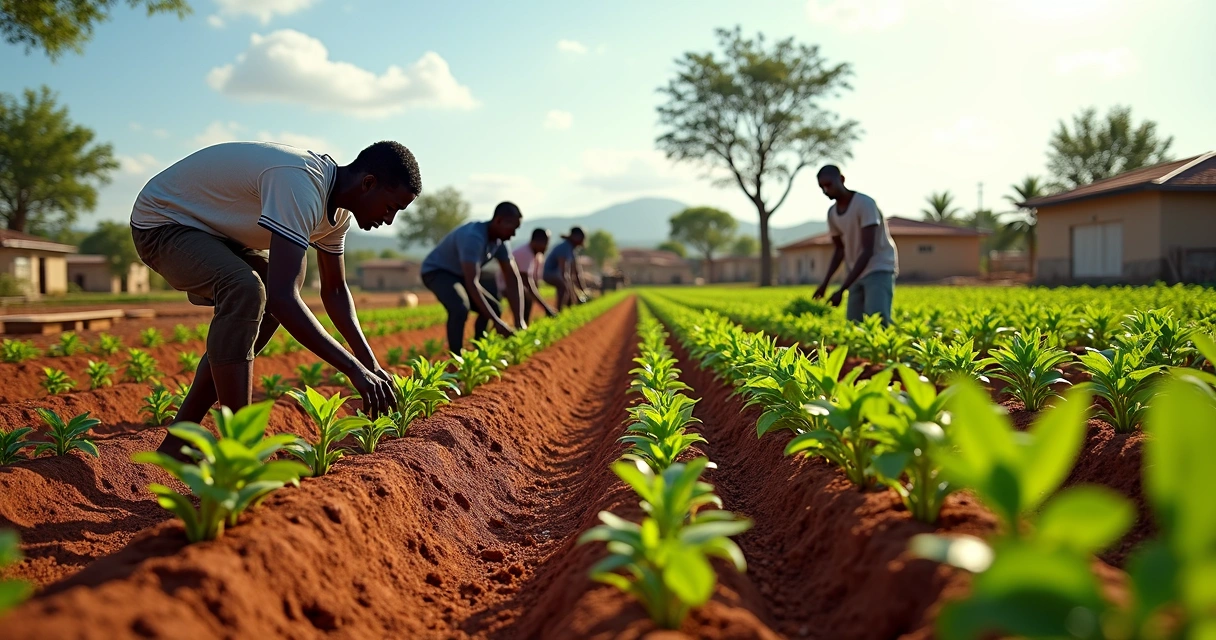 Plantação de moringa em área rural com agricultores locais participando 