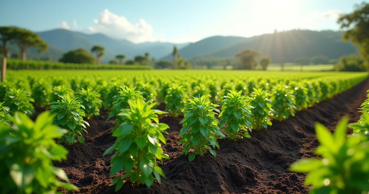 Campo de moringa sustentável com mudas verdes alinhadas sob luz natural do sol 