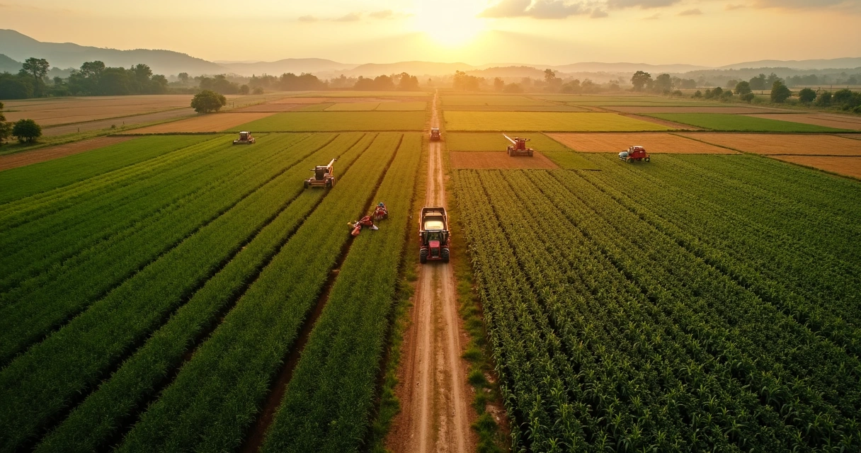 Cena aérea de uma plantação de soja, milho e café, mostrando máquinas colheitadeiras trabalhando em áreas distintas 