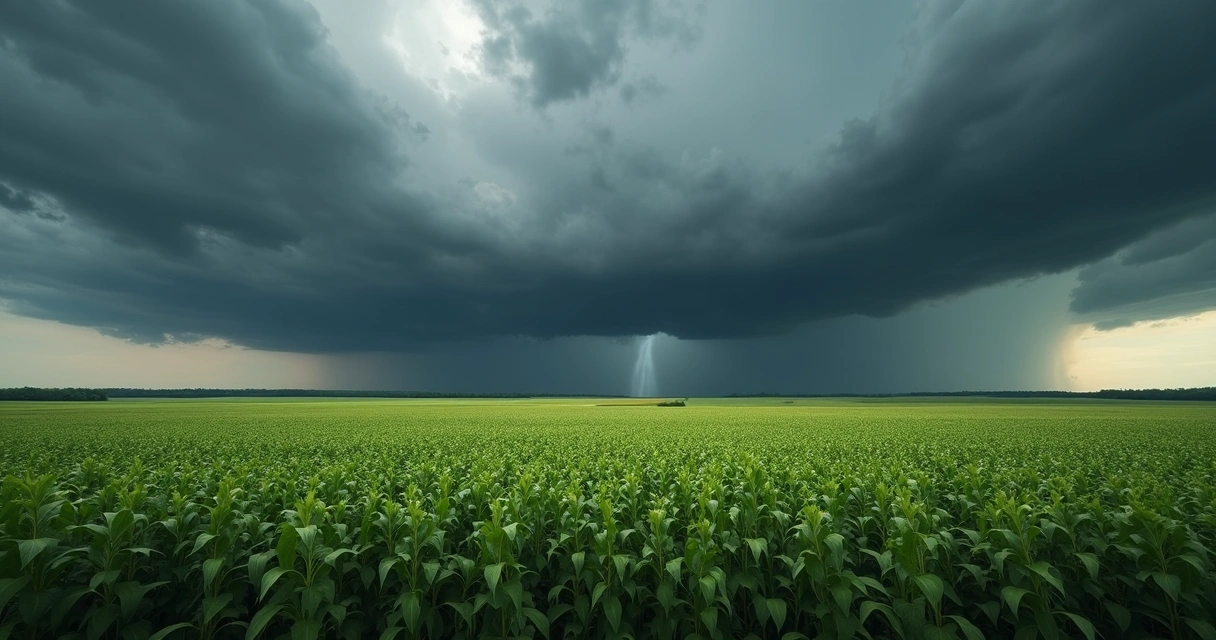Plantação de soja com céu nublado e risco de chuva forte 