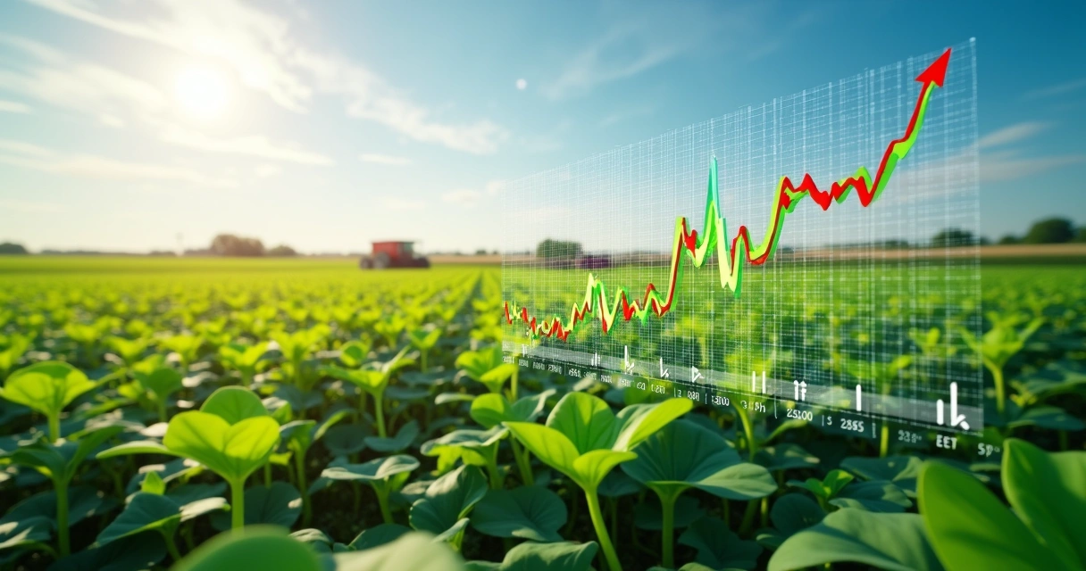 Plantação de soja com gráfico de preços flutuando ao fundo 