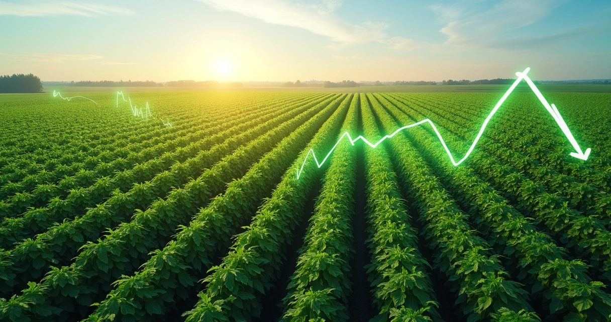 Vista aérea de plantação de soja com gráficos de preços simulados projetados sobre o campo 