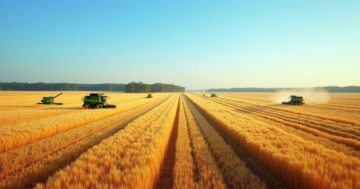 Campos de trigo dourado no Hemisfério Norte com ceifadeiras ao fundo 