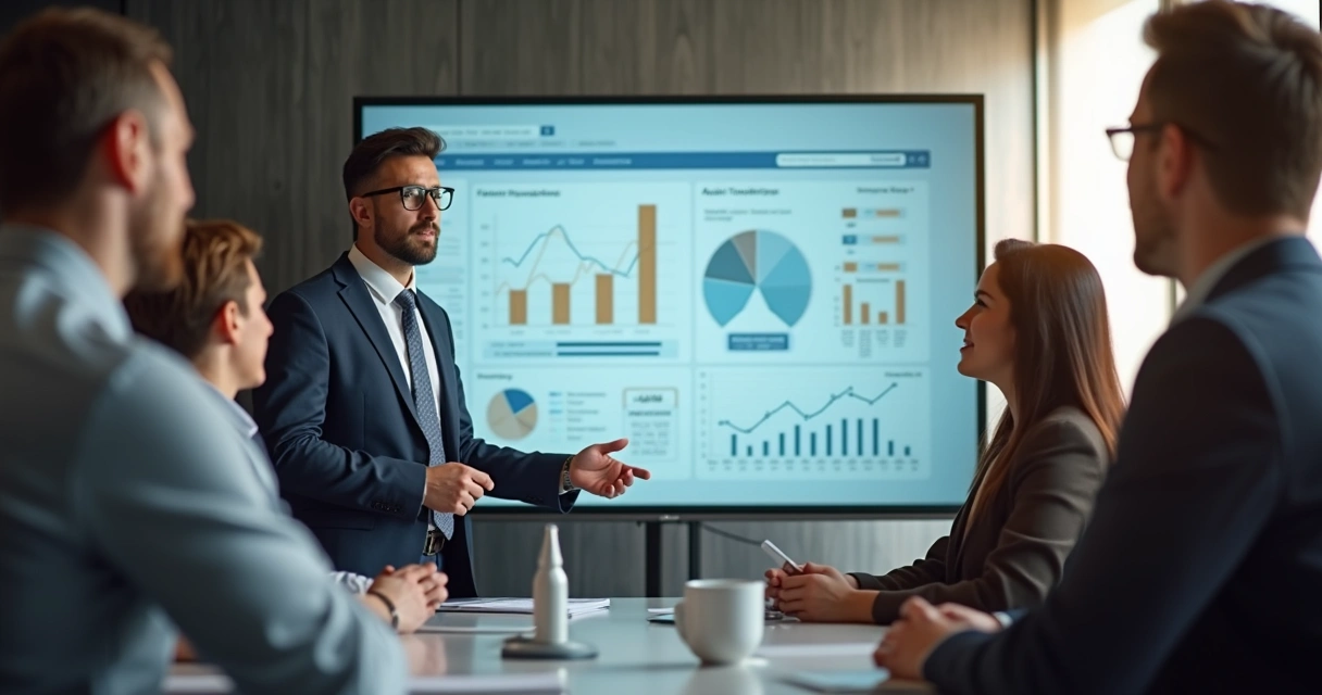 Planejador financeiro apresentando painel a grupo de clientes em sala moderna 