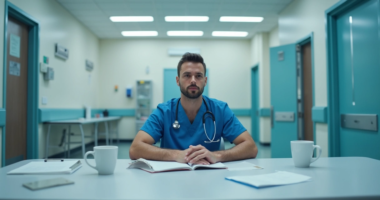 Médico jovem cansado sentado em clínica de plantão 