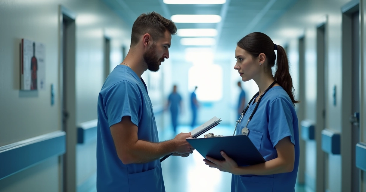 Dois médicos conversando em ambiente hospitalar com papéis em mãos 