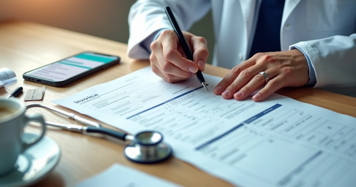 Nota fiscal médica sendo preenchida em mesa com documentos e caneta 