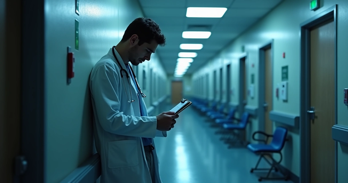 Pediatra cansado em plantão noturno com corredores de hospital ao fundo 