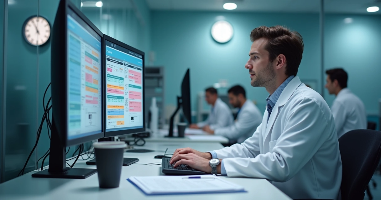 Médico olhando escalas de plantão e agenda digital 