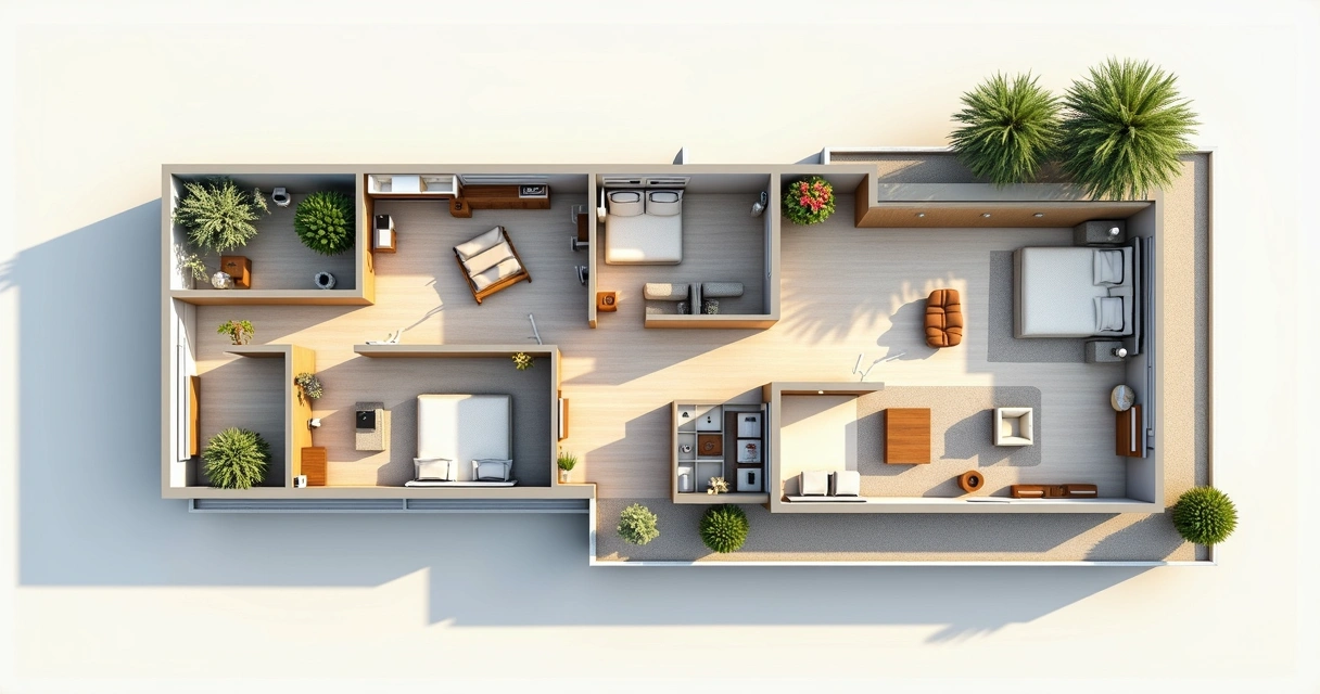 Plantapaba de apartamento mostrando sala, quartos, varanda e área de lazer comum 