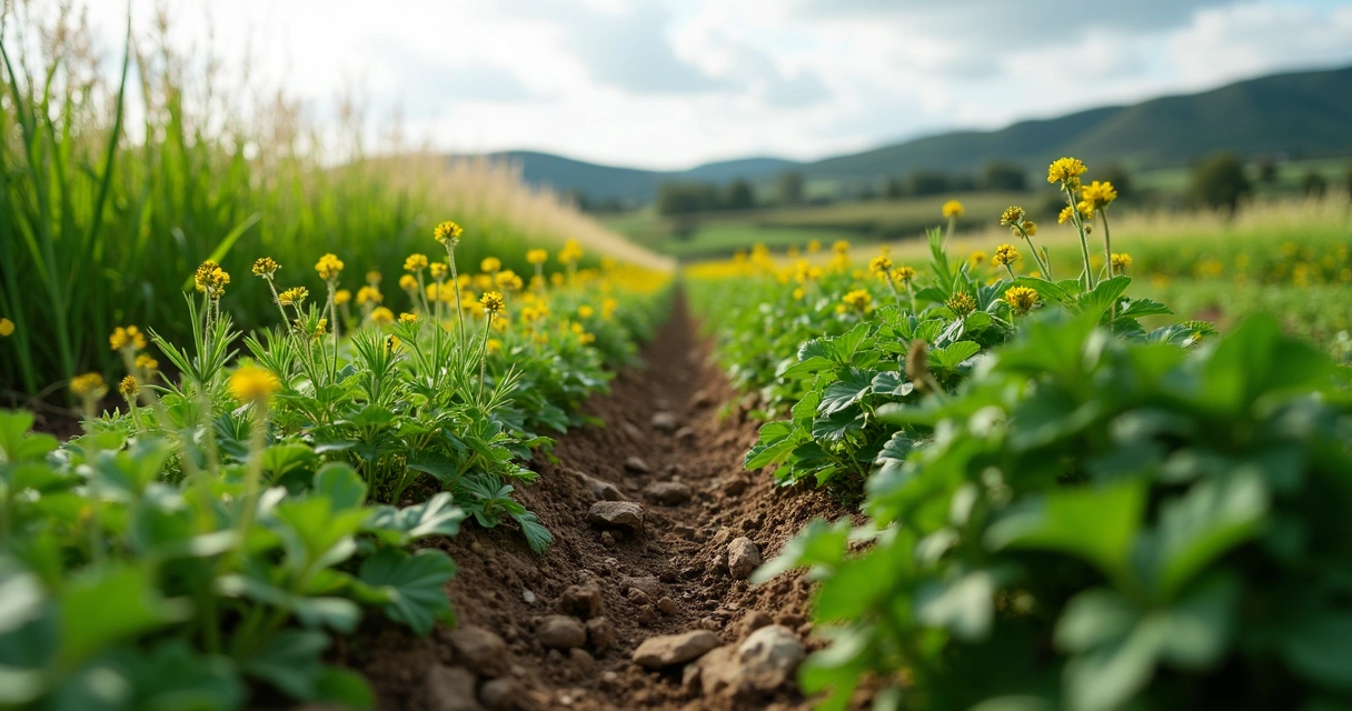Várias espécies de plantas de cobertura em um campo orgânico brasileiro 