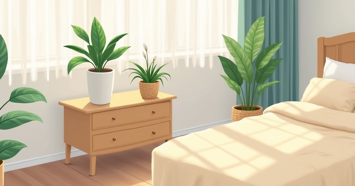 Vasos de plantas ao lado da cama de casal 